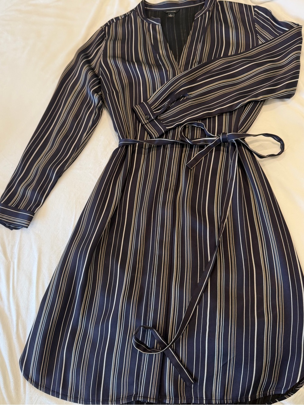 Ann Taylor Navy and White Vertical-Stripe Long Sleeve Dress
